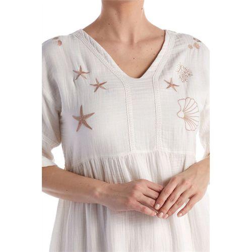 Kısa Kol Kırık Beyaz V Yaka Nakışlı Midi Boy Müslin Yazlık Elbise