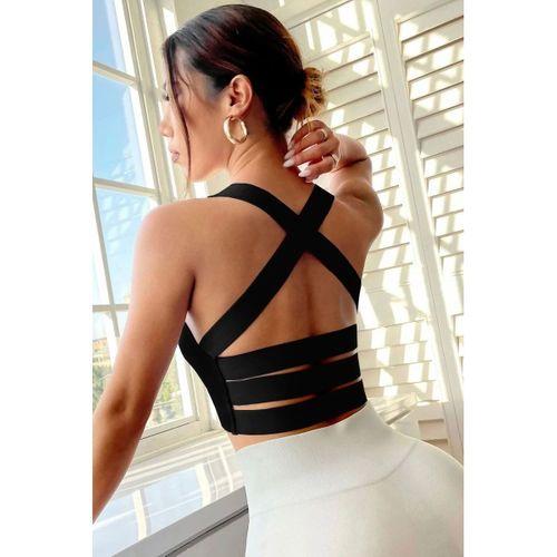 Kadın Siyah Sırtı Çapraz Lastik Detaylı Crop Top Bluz