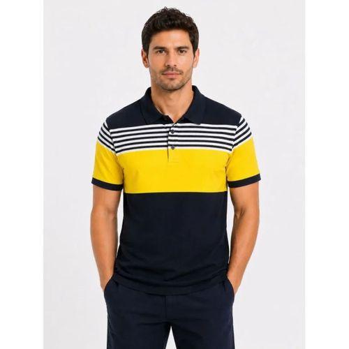 Erkek Pike Kumaş Çizgili Polo Yaka Tişört Kısa Kol Yazlık T-Shirt - Lacivert