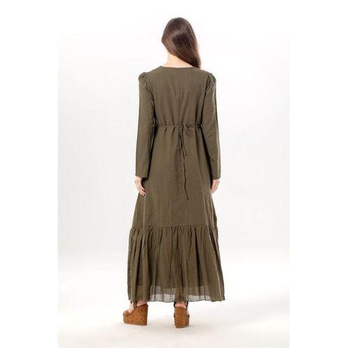 Uzun Kol Zühre Nakış Detaylı Bağcık Yaka Cepli Vual Uzun Elbise Haki Hk