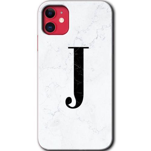 MRCİLETİSİM iPhone 11 Kılıf Baskılı Kapak - Beyaz Mermer Desenli J Harfi + 5D Tam Kaplayan Cam