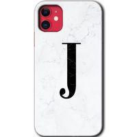 MRCİLETİSİM iPhone 11 Kılıf Baskılı Kapak - Beyaz Mermer Desenli J Harfi + 5D Tam Kaplayan Cam