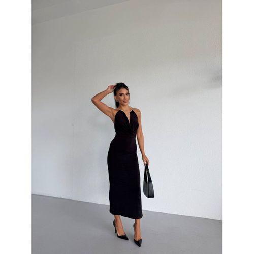 Kadın Boyun Aksesuarlı Halter Yaka Maxi Boy Sandy Kumaş Elbise