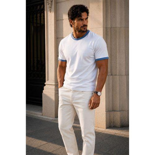 Capra Yaka Kol Biyeli Basic Pamuk Likralı İki İplik Erkek T-Shirt - Ekru