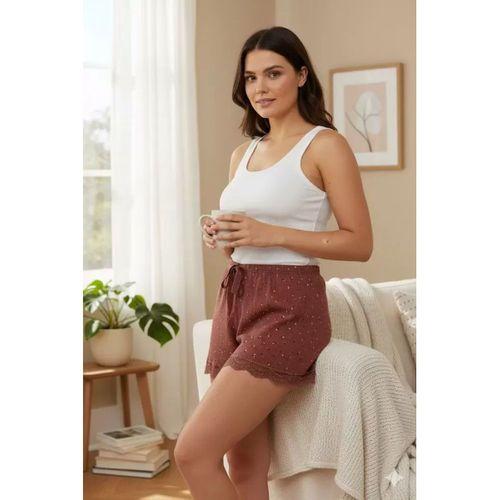 Düz Renk Mini Çiçek Desenli Penye Kadın Ev Şortu Bacak Dantel Detaylı Ev Giyim Taba
