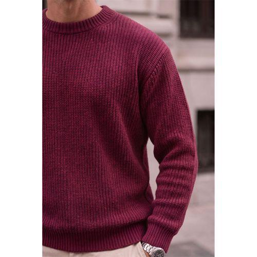 Pilar Anti-Peeling Tüylenmez Oversize Selanik Örgülü Bisiklet Yaka Erkek Triko Kazak - Bordo