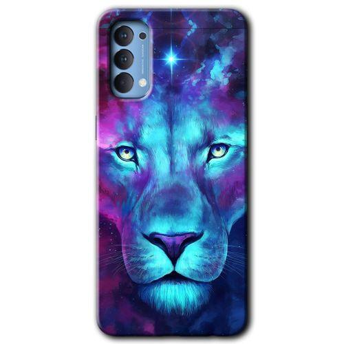 Oppo Reno 4 Kılıf HD Desen Baskılı Arka Kapak + Temperli Cam - Neon Lion