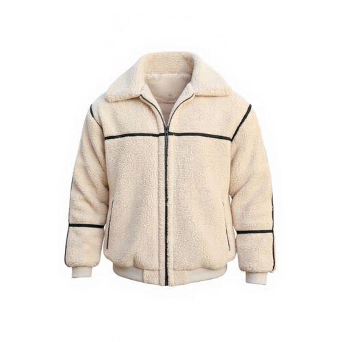 İçi Astarlı Şerit Detaylı Peluş Erkek Mont - Ekru