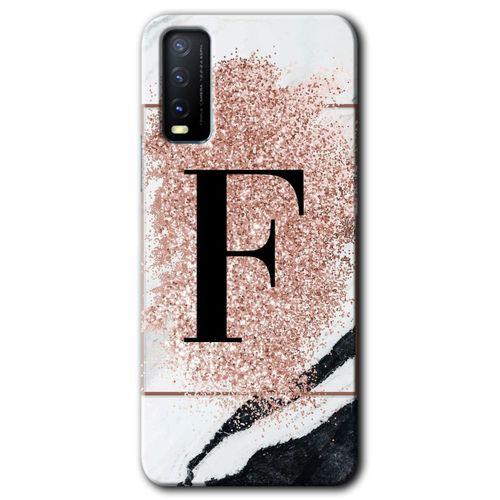 Vivo Y20s Kılıf HD Desen Baskılı Arka Kapak + Temperli Cam - Pembe Mermer Desenli F Harfi