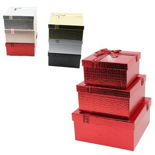 3PCS KARE PARLAK MİX RENKLİ - KABARTMA DESEN KARTON HEDİYE KUTUSU KURDELALI 25-21-17CM