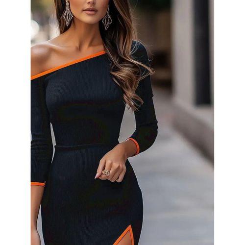 Kadın Uzun Kollu Tek Omuzu Açık Yandan Yırtmaçlı Midi Kaşkorse Elbise