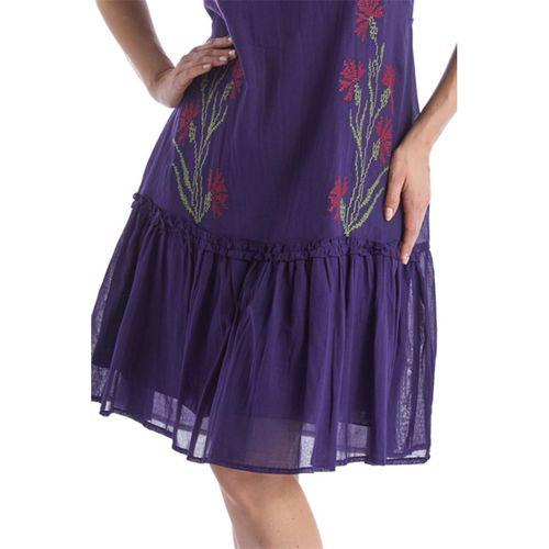 Kısa Kol Mor Bağcıklı V Yaka Nakışlı Yazlık Vual Kısa Elbise