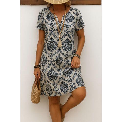 Kadın Kısa Kollu çentik Yaka çiçek Desenli Keten Elbise