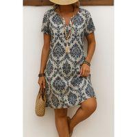 Kadın Kısa Kollu çentik Yaka çiçek Desenli Keten Elbise