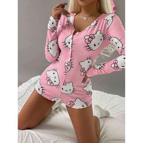 Pamuklu Pembe Hello Kitty Desenli Düğmeli Uzun Kol Tulum Pijama