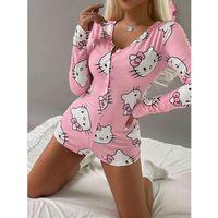 Pamuklu Pembe Hello Kitty Desenli Düğmeli Uzun Kol Tulum Pijama