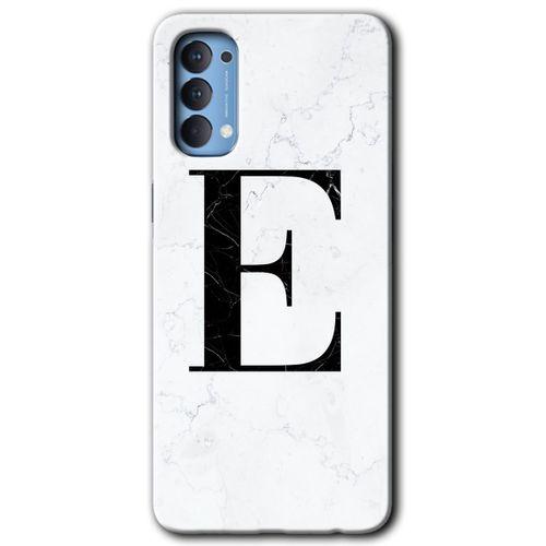 Oppo Reno 4 Kılıf HD Desen Baskılı Arka Kapak - Beyaz Mermer Desenli E Harfi + Kırılmaz Cam