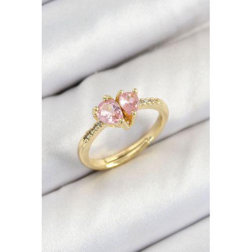 Pirinç Zirkon Taşlı Pembe Kalp Model Gold Renk Kadın Yüzük