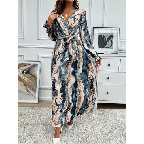 Kadın Uzun Kollu Kruvaze Yakalı Beli Kuşaklı Desenli Süprem Maxi Elbise