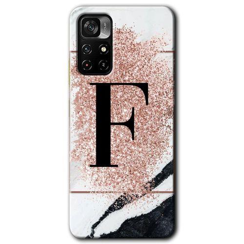 Poco M4 Pro 5G Kılıf HD Desen Baskılı Arka Kapak + Temperli Cam - Pembe Mermer Desenli F Harfi