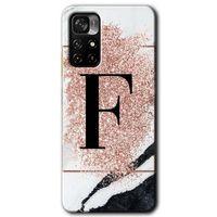 Poco M4 Pro 5G Kılıf HD Desen Baskılı Arka Kapak + Temperli Cam - Pembe Mermer Desenli F Harfi