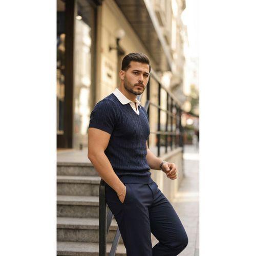 Erkek Desenli Kısa Kollu Triko Tişört - %100 Pamuk Akrilik