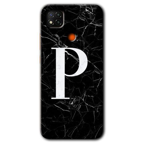 Xiaomi Redmi 9c Kılıf Baskılı Arka Kapak - Siyah Mermer Desenli P Harfi +Tam Ekran Koruyucu