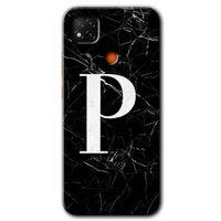 Xiaomi Redmi 9c Kılıf Baskılı Arka Kapak - Siyah Mermer Desenli P Harfi +Tam Ekran Koruyucu