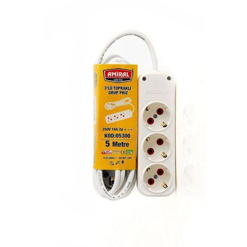 Amiral 3' Lü Topraklı 5 Metre Kablolu Grup Priz