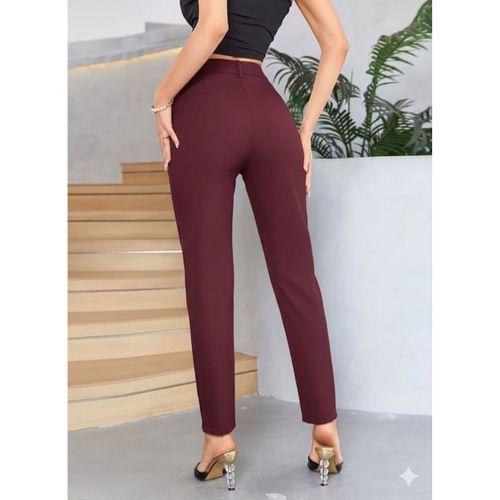 Bordo Renk Yüksek Bel Maskülen Kesim Kumaş Pantolon