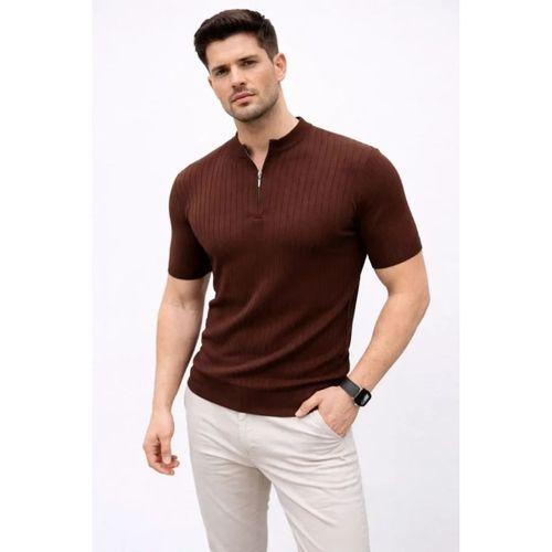 Erkek Kısa Kol Fitilli Triko T-Shirt Yazlık Hakim Yaka Tişört - Kahverengi