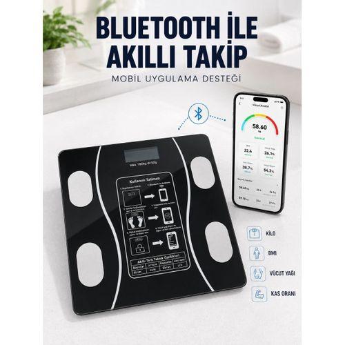 Akıllı Cam Baskül Bluetooth Mobil Uygulamalı Vücut Analiz Tartısı 180 Kg Lcd Ekran