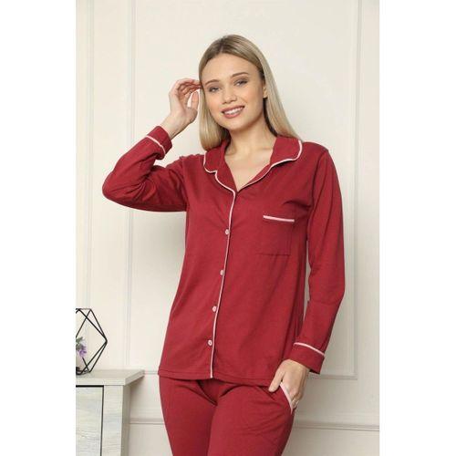 Kadın %100 Pamuk Penye Önden Düğmeli Uzun Kol Pijama Takım Bordo