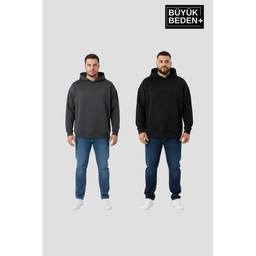 Erkek Büyük Beden 2  li Set Kapşonlu Kollar Ve Etek Ribanalı ince Swatshırt SPR26BSW957+2