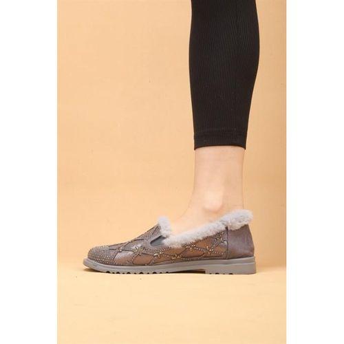 Selaro Gri Renkli Taşlı Desenli İçi Kürklü Kışlık Günlük Ayakkabı