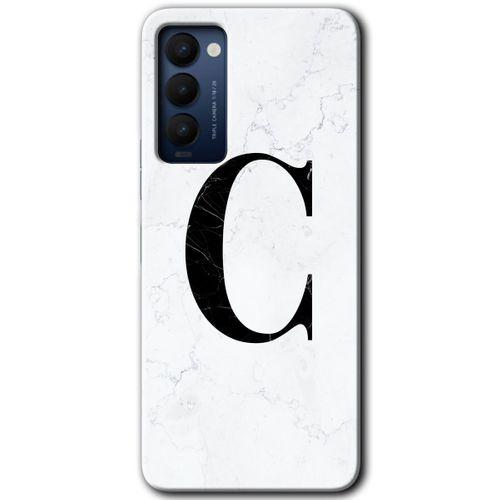 MRCİLETİSİM Tecno Camon 18 Kılıf HD Desen Baskılı Arka Kapak+Temperli Cam - Beyaz Mermer Desenli C Harfi