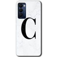 MRCİLETİSİM Tecno Camon 18 Kılıf HD Desen Baskılı Arka Kapak+Temperli Cam - Beyaz Mermer Desenli C Harfi