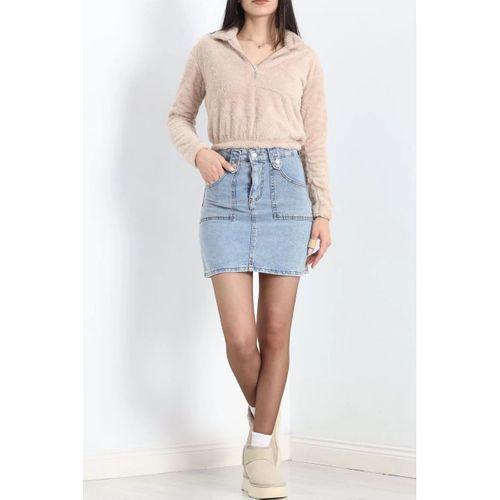 pilelistore Fermuarlı Crop Peluş Sweat Bej