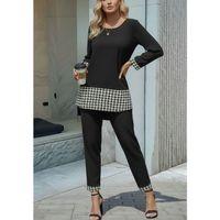 Kadın Uzun Kollu Yuvarlak Yakalı Kaz Ayağı Detaylı Viskon Iki Iplik Bluz Ve Pantolon Ikili Takım