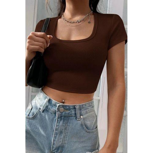 Kadın Kahverengi Yarım Kol Düz Yaka Crop Top Bluz