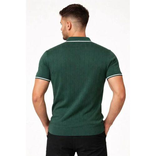 Erkek Fermuarlı Yaka Fitilli Triko Kısa Kollu Regular Fit Tişört T-shirt - Yeşil