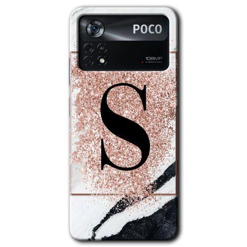 Poco x4 Pro Kılıf HD Desen Baskılı Arka Kapak + Temperli Cam - Pembe Mermer Desenli S Harfi