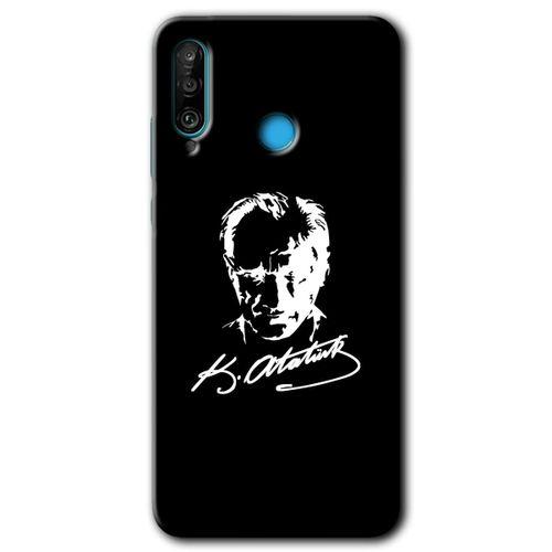 MRCİLETİSİM Huawei P30 Lite Kılıf Kapak - Atatürk Silüet İmza +Hayalet Ekran Yandan Gözükmez