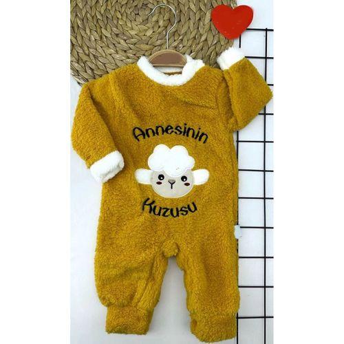3-6-9-12 Ay Kuzu Tüylü Kumaş Annesinin Kuzusu Nakışlı Alttan Çıtçıtlı Kız Erkek Bebek Tulumu Hardal