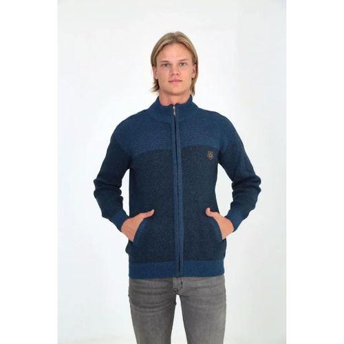 Erkek Fermuarlı Triko Hırka Yüksek Yaka, Cepli, Günlük Şık Rahat Kalıp Triko - Mavi