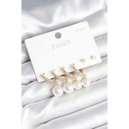 Gold Renk Zirkon Taşlı Pirinç İncili 925 Ayar Gümüş Çivili Küpe Seti