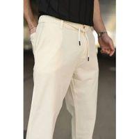 Erkek Keten Cepli Pantolon Lastikli Bel Bağcıklı Önden Fermuarlı - Krem