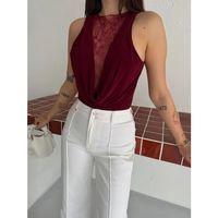 Dantel Detaylı Derin Dekolte Body Şık Kolsuz Yazlık Bodysuit - Bordo