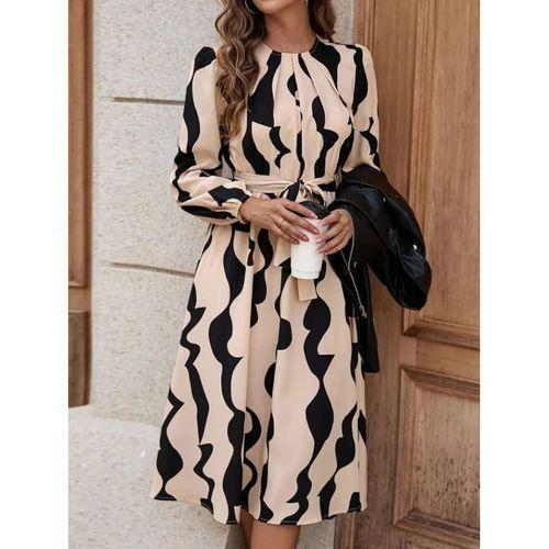 Kadın Uzun Kollu Bisiklet Yaka Belden Bağlamalı Desenli Belden Kuşaklı Mikro Süprem Midi Elbise