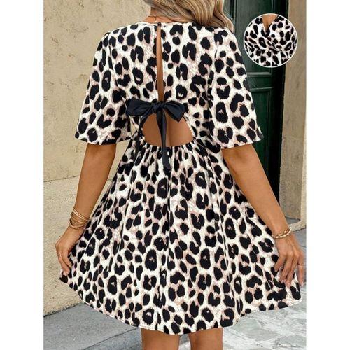 Kadın Kısa Kollu Kruvaze Yakalı Leopar Desenli Mini Süprem Elbise